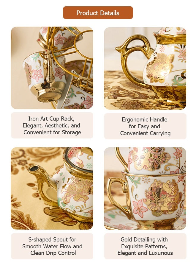 Forthcan 13-Piece Ceramic Coffee Cup and Saucer Set with Teapot, Electroplated Porcelain Afternoon Tea Set, Elegant Coffee Serving Set for Home and Gift - Image 5